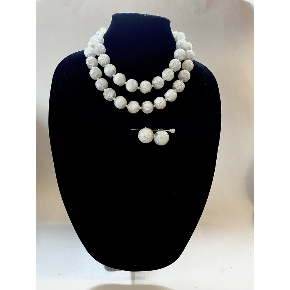Pearlescent white acrylic double strand necklace choker & clip earrings Vintage